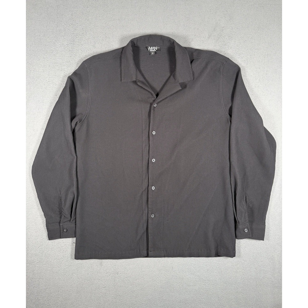 boohooMAN Men's Plisse Pleated Long Sleeve Shirt Black Casual Button Up Size S